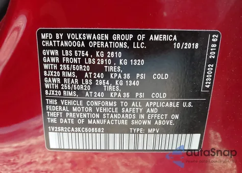 2019 Volkswagen Atlas 3.6L V6 Sel R-Line from USA, damaged, VIN 1V2SR2CA3KC506582